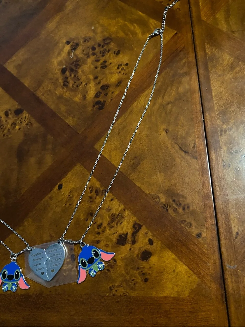 NWT- Silver-tone Stitch Blue & Pink Heart Split Pendant Friendship Necklace Set